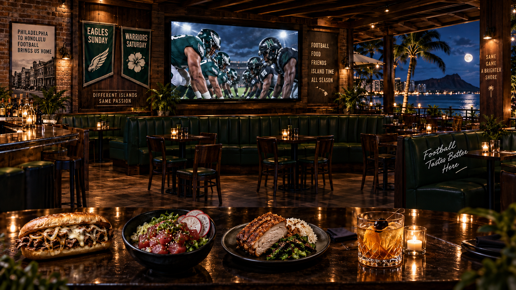 A warm green and gold sports club with football screens, leather booths and a Waikīkī ocean view