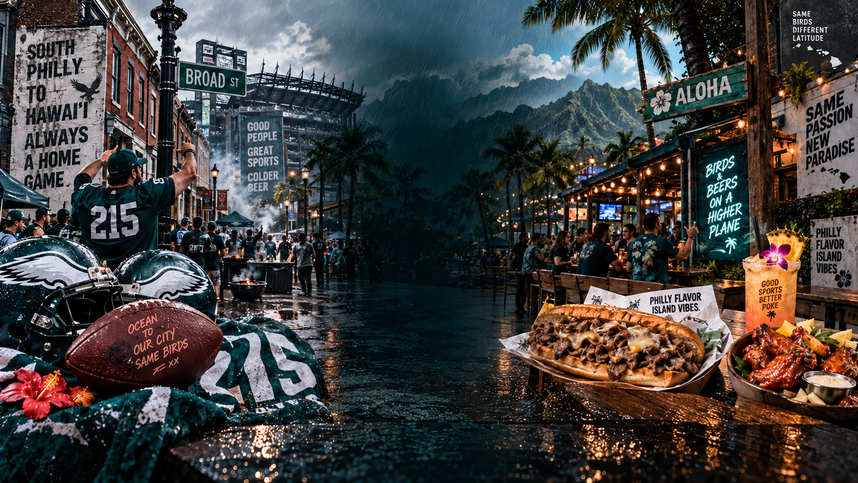 Philadelphia fans and a tropical Honolulu sports bar, with weathered signs and game day food