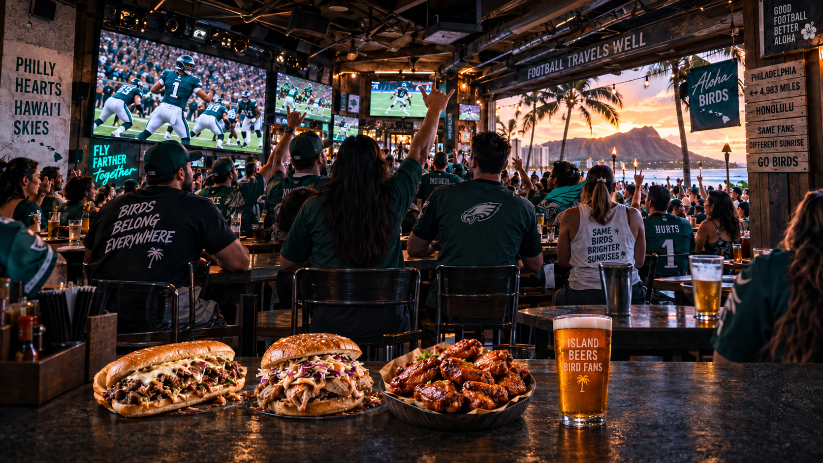 Eagles fans watch football in an open-air Waikīkī bar at sunset
